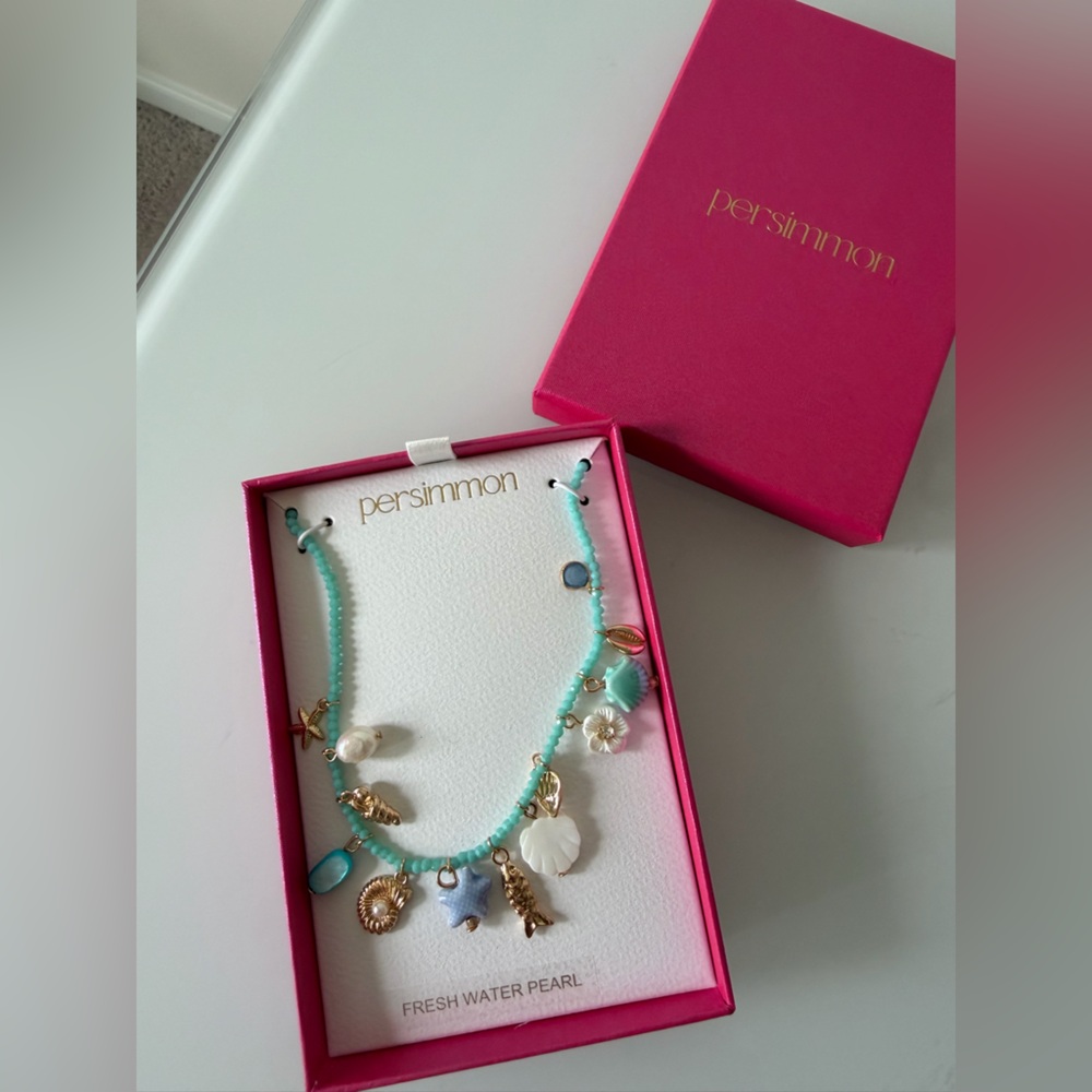 Viral Persimmon blue Beaded Freshwater Pearl summer Charm Necklace